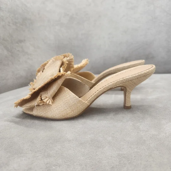 Gianni Bini Mules 8.5 Nude Beige Raffia Le Cadeau Kitten Heel Chunky Bow New$100 - Picture 7 of 16
